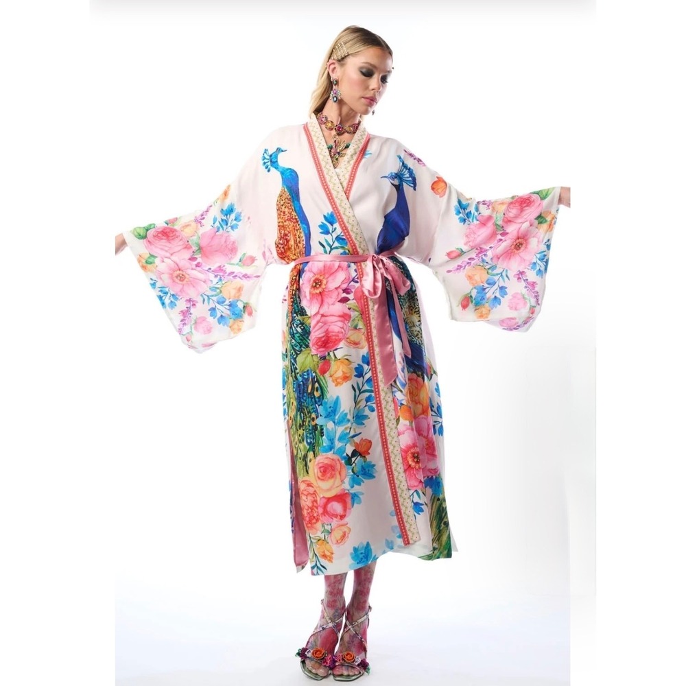 Aratta Fantasy Kimono White Pink new NWT One Size belt boho chic peacock sexy